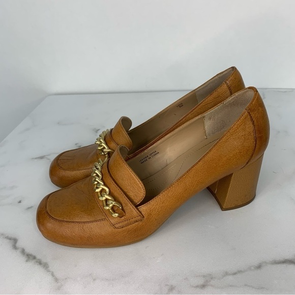 Tahari Chunky Heel Gold Chain Lulu Caramel Brown Loafers 9 - Picture 6 of 10